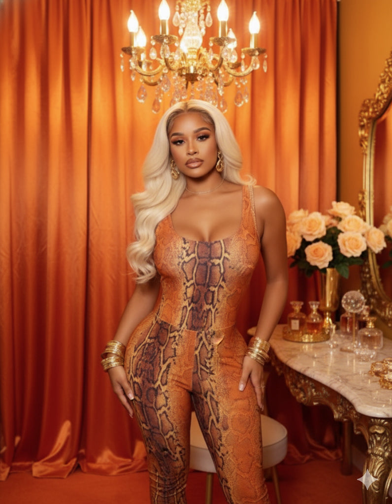 Woman in an orange and brown patterned outfit standing in a room with orange curtains and a chandelier.