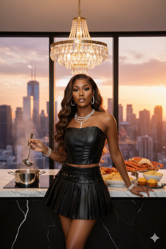 Woman in a black outfit standing in a kitchen with a cityscape view