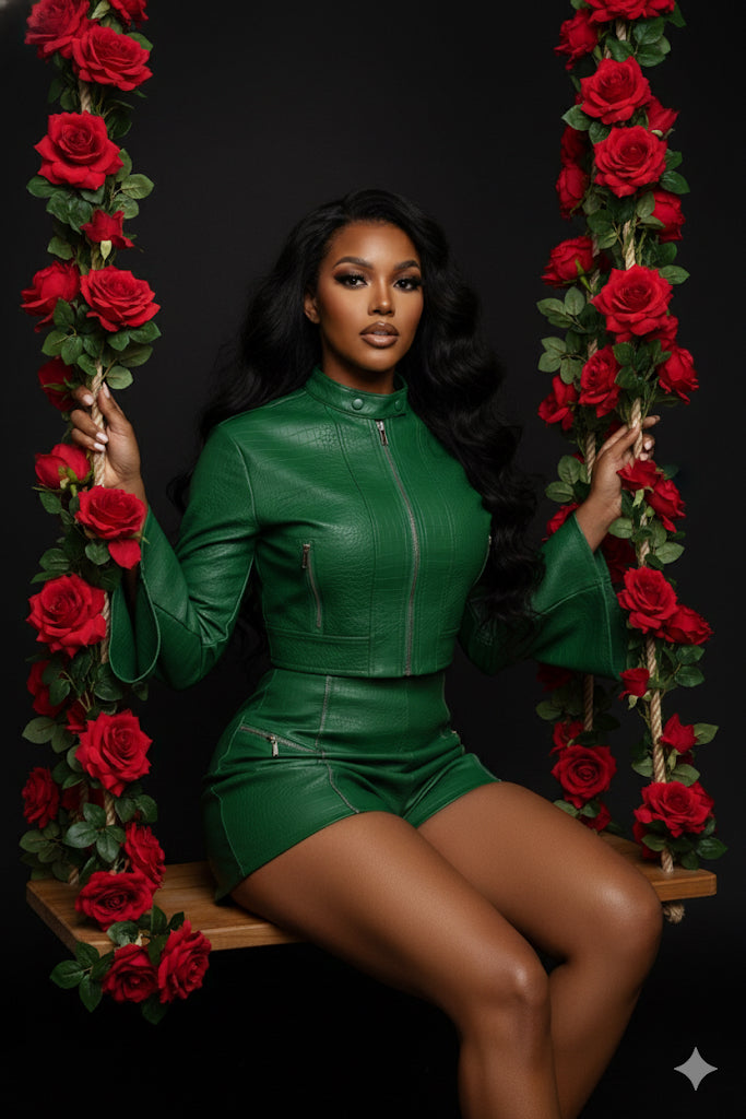 Woman in green outfit sitting on a swing with red roses against a black background