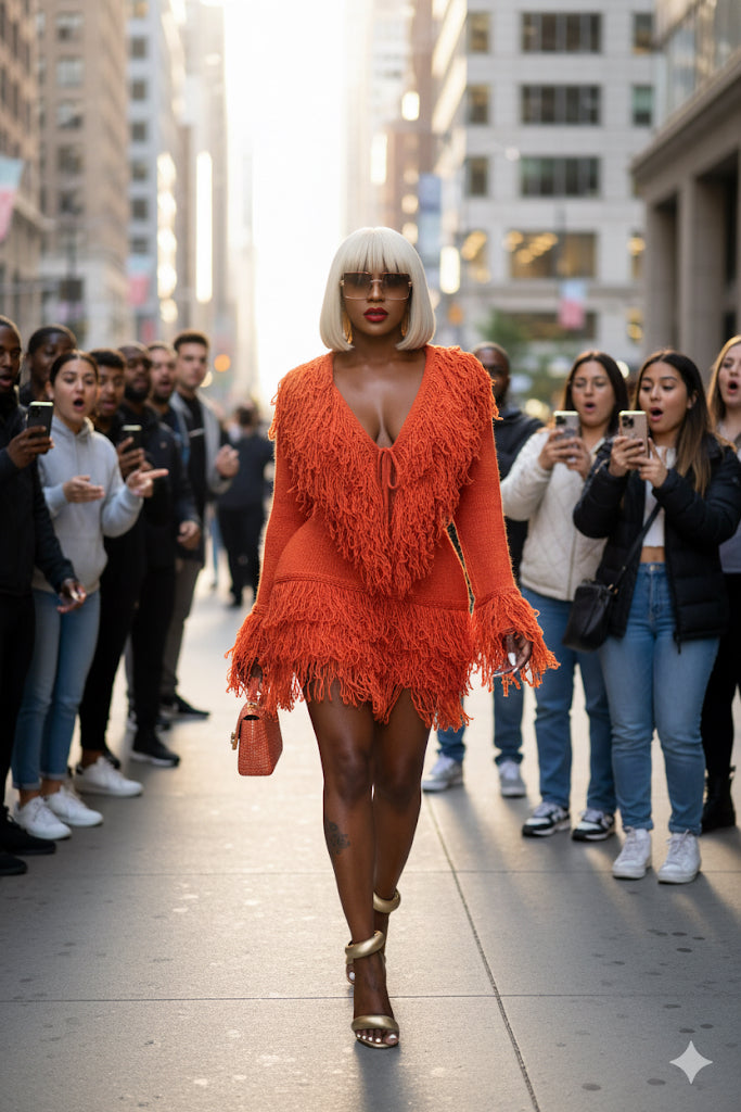 Woman in an orange fringed outfit walking through a crowd on a city street.