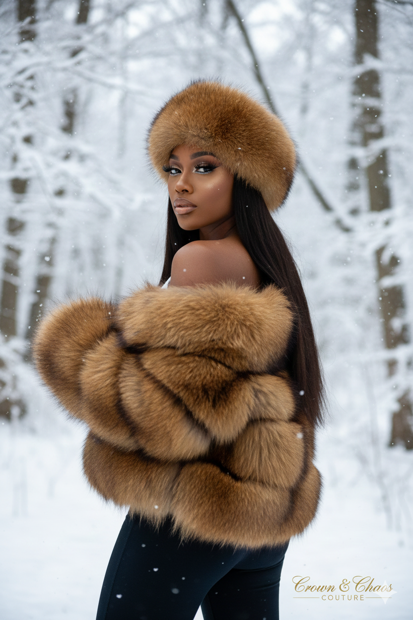 Woman wearing a fur coat and hat in a snowy forest