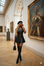 Woman in a stylish outfit standing in an art gallery with classical paintings.