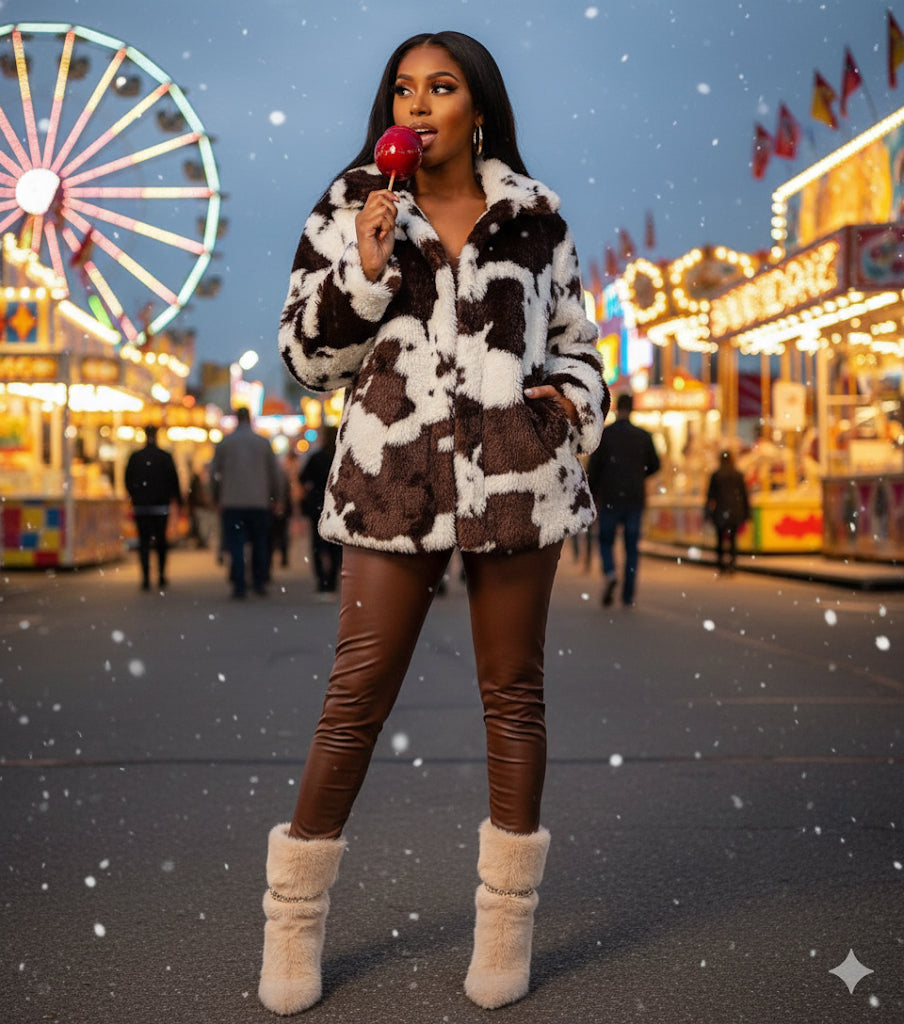 Woman in a cow print coat at a carnival with a ferris wheel in the background