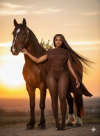 Woman in a brown bodysuit standing next to a horse with a sunset background