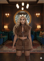 Woman in a brown outfit standing in an elegant room with decorative lighting and furniture.