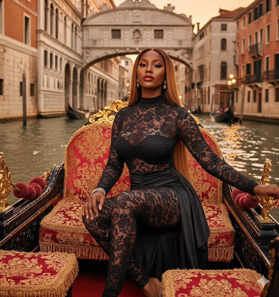 Woman in a black lace outfit sitting on a gondola in Venice