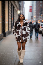 Person wearing a cow print coat and white boots on a snowy city street.
