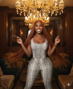 Woman in a patterned outfit holding a cigarette in a luxurious room with a chandelier.