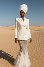 Woman in a white outfit standing in a desert landscape