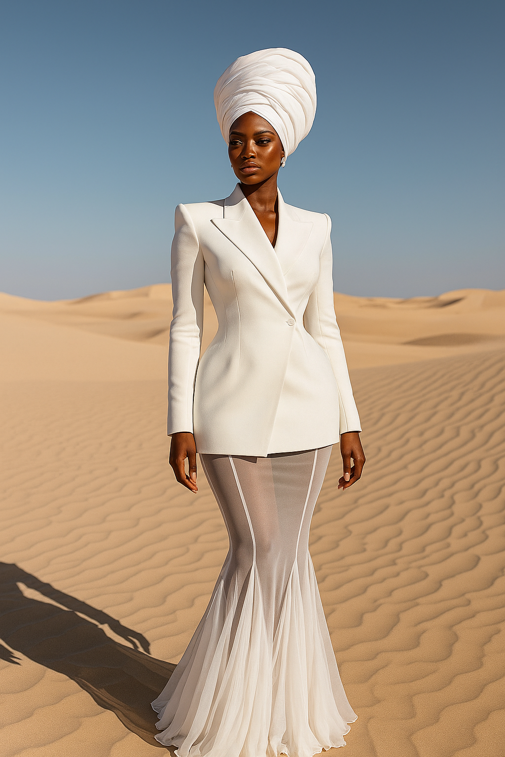 Woman in a white outfit standing in a desert landscape