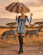 Woman in a black and white dress with a leopard print umbrella in a savannah setting with zebras.