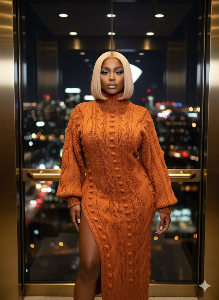 Woman wearing an orange cable knit dress with a blurred cityscape background