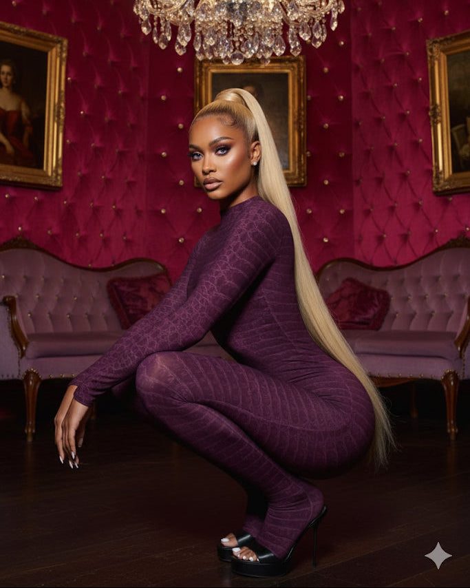 Woman in a purple outfit posing in an opulent room with red walls and chandelier.