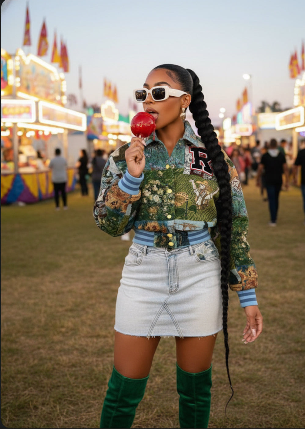 Woman at a fair holding an apple, wearing a patterned shirt and denim skirt.