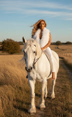Woman riding a white horse in a field with a scenic background