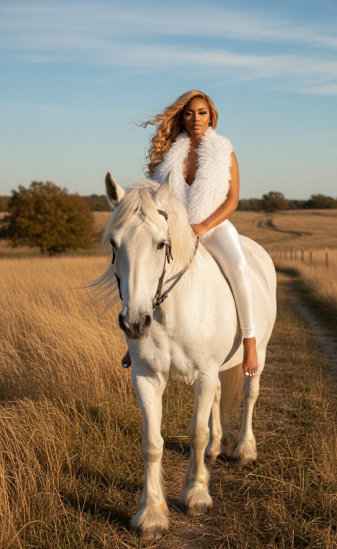 Woman riding a white horse in a field with a scenic background