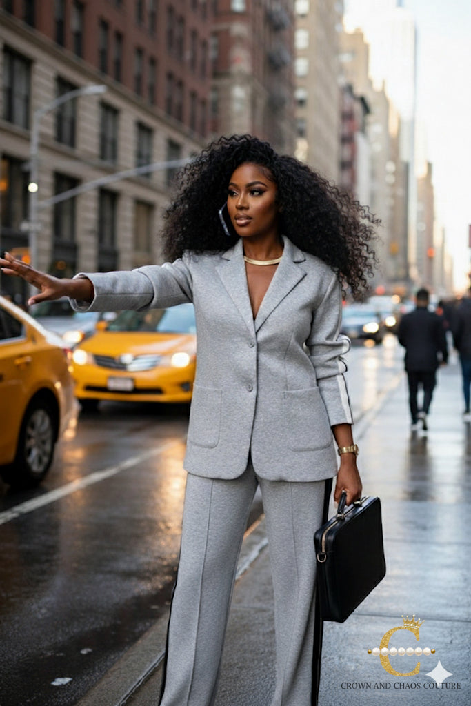 Woman in a gray suit standing on a city street holding a briefcase.