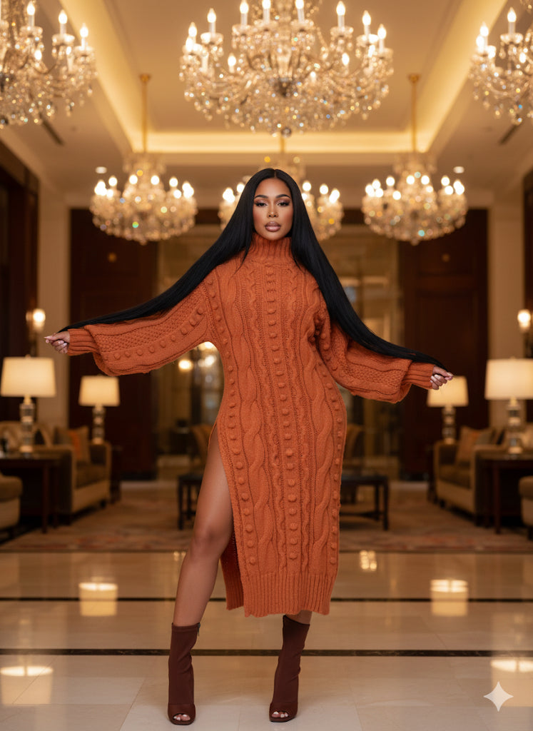 Woman in a rust-colored cable knit dress with a high slit standing in a luxurious room with chandeliers.