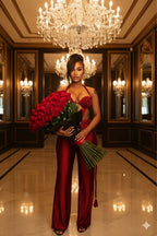 Woman in a red outfit holding flowers in an opulent room with chandeliers.