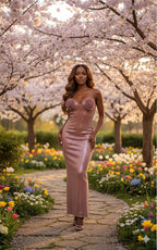 Woman in a pink dress standing in a garden with cherry blossom trees and colorful flowers.
