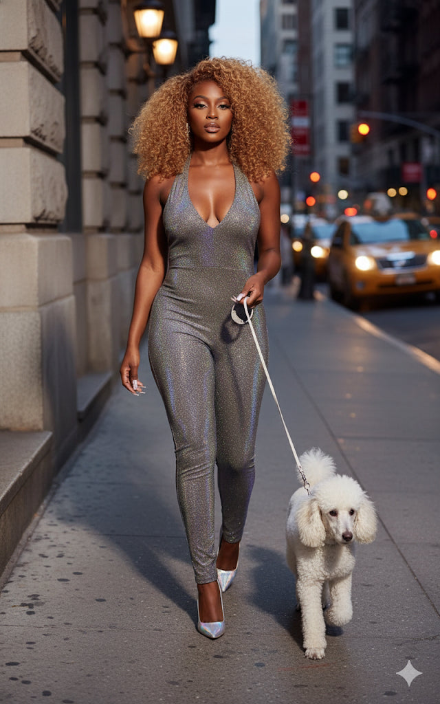 Woman in a metallic jumpsuit walking a white poodle on a city street.
