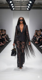 Model walking down a runway in a black lace outfit with a handbag.
