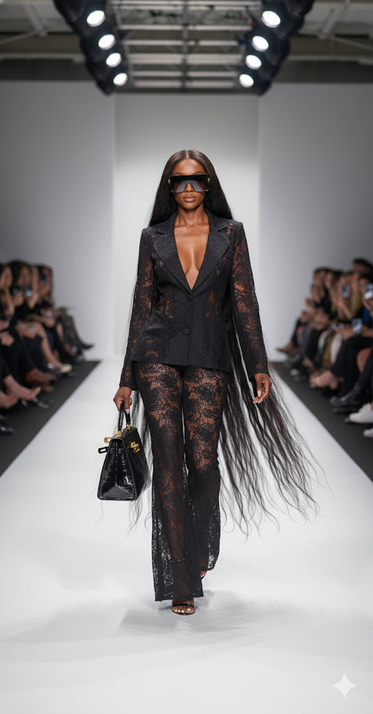 Model walking down a runway in a black lace outfit with a handbag.