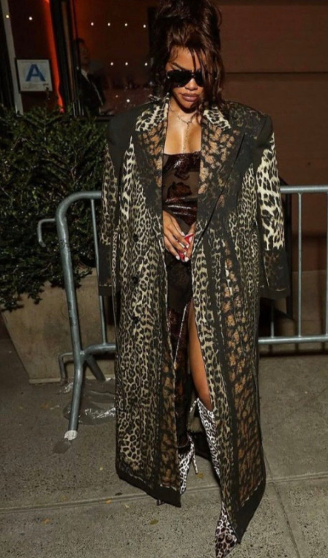 Person wearing a leopard print coat outdoors at night.