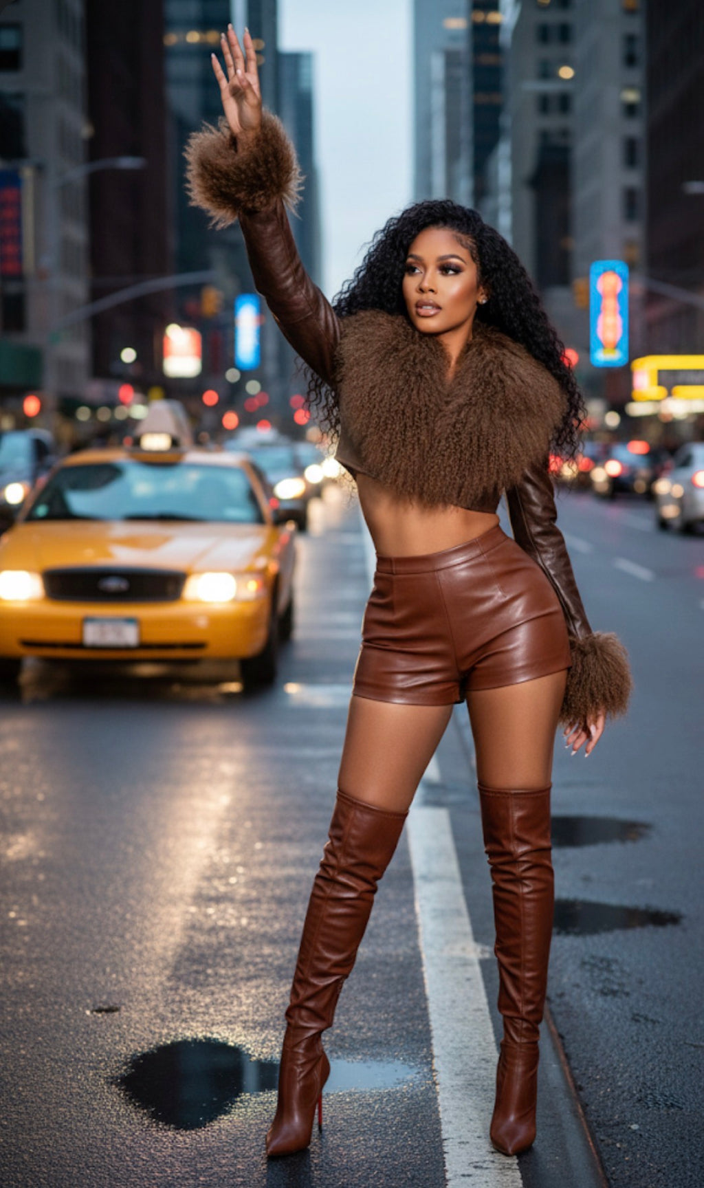 Woman in a brown outfit with fur accents standing on a city street.