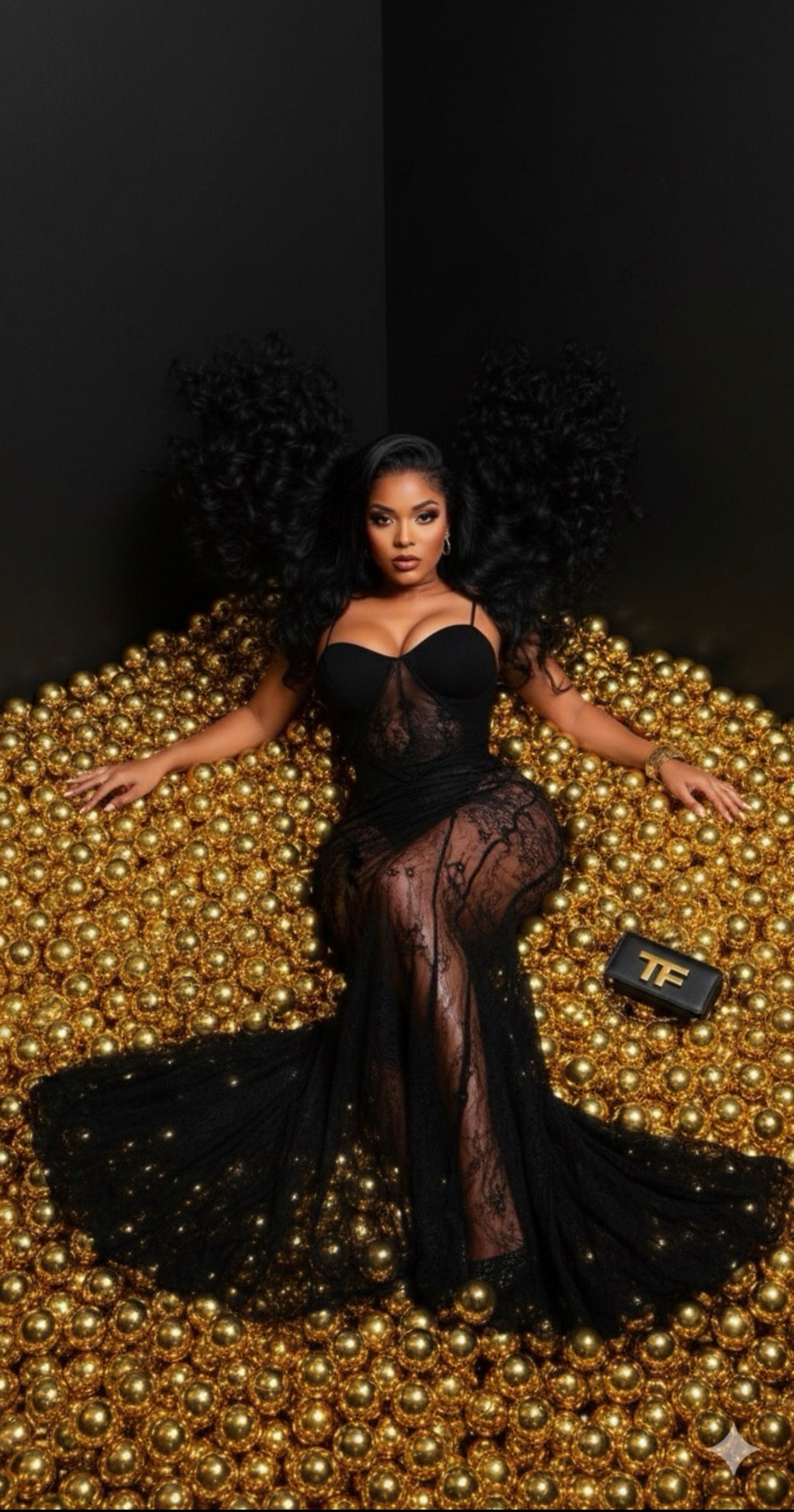 Woman in a black dress lying on a gold surface with a dark background