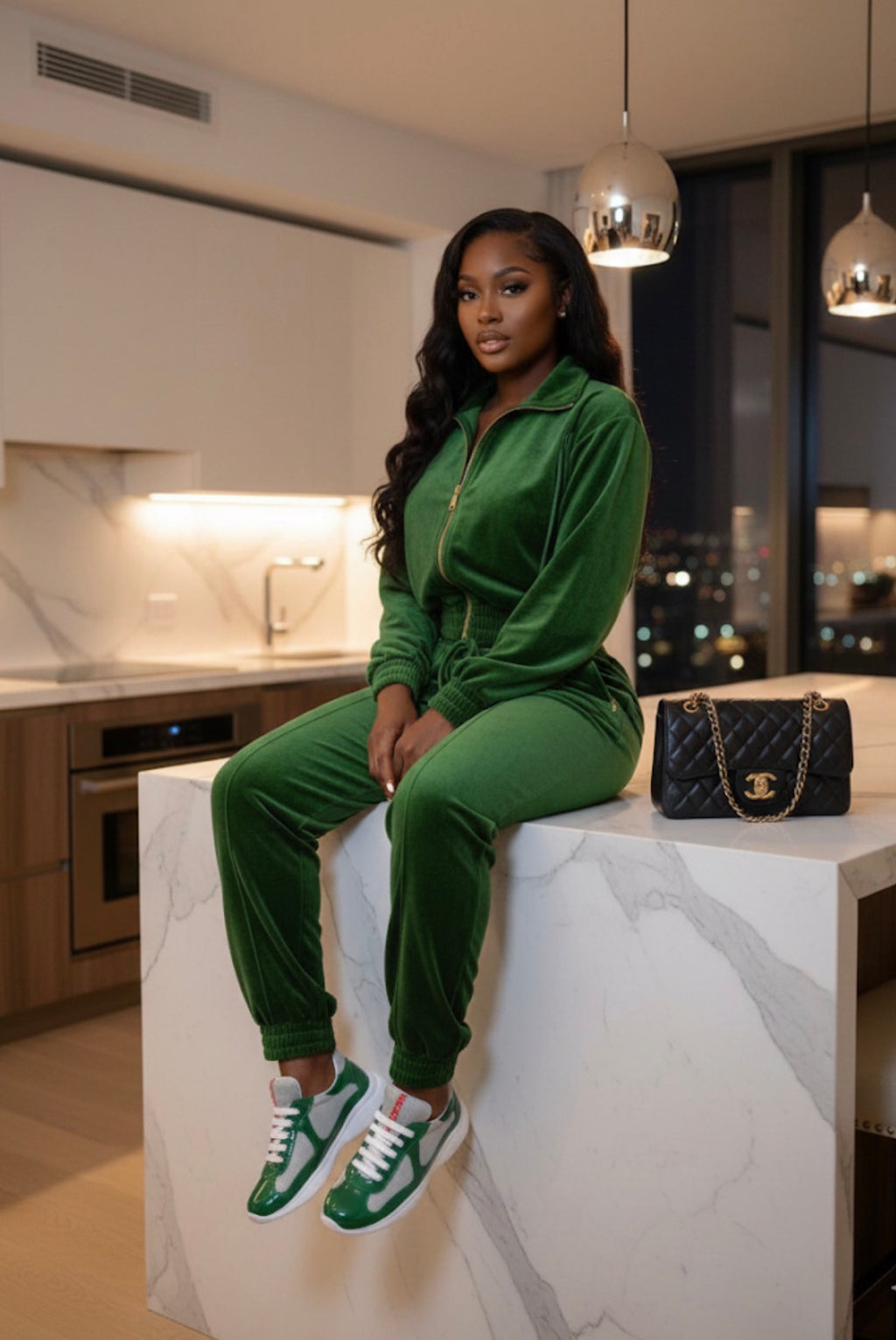 Woman in a green tracksuit sitting on a kitchen counter with a black handbag beside her.
