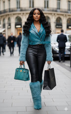 Woman in teal outfit with matching accessories walking on a city street.