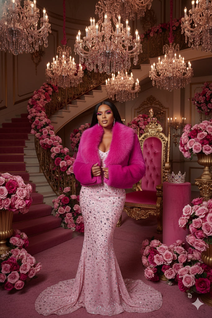 Woman in a pink dress and fur coat standing in an opulent room with chandeliers and floral arrangements.