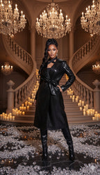 Woman in a black outfit standing in an opulent room with chandeliers and candles.