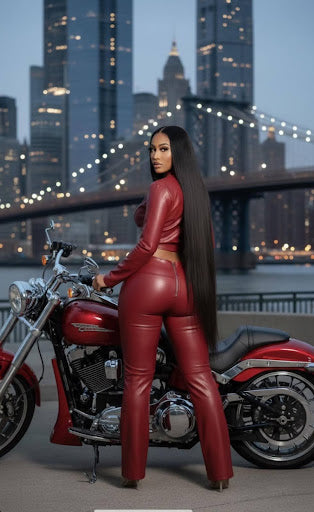 Person in a red leather outfit standing next to a motorcycle with a city skyline in the background